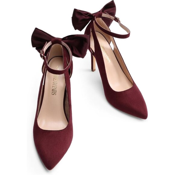 Dream Pair Women's Burgundy-suede Faux Suede Strappy Pointed Toe Bow Shoes Pumps - Picture 3 of 7